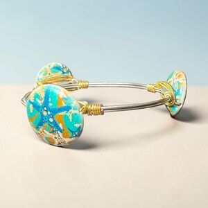 Turquoise Starfish Mixed Metal Wire Wrapped Bangle Bracelet Beach Boho Coastal